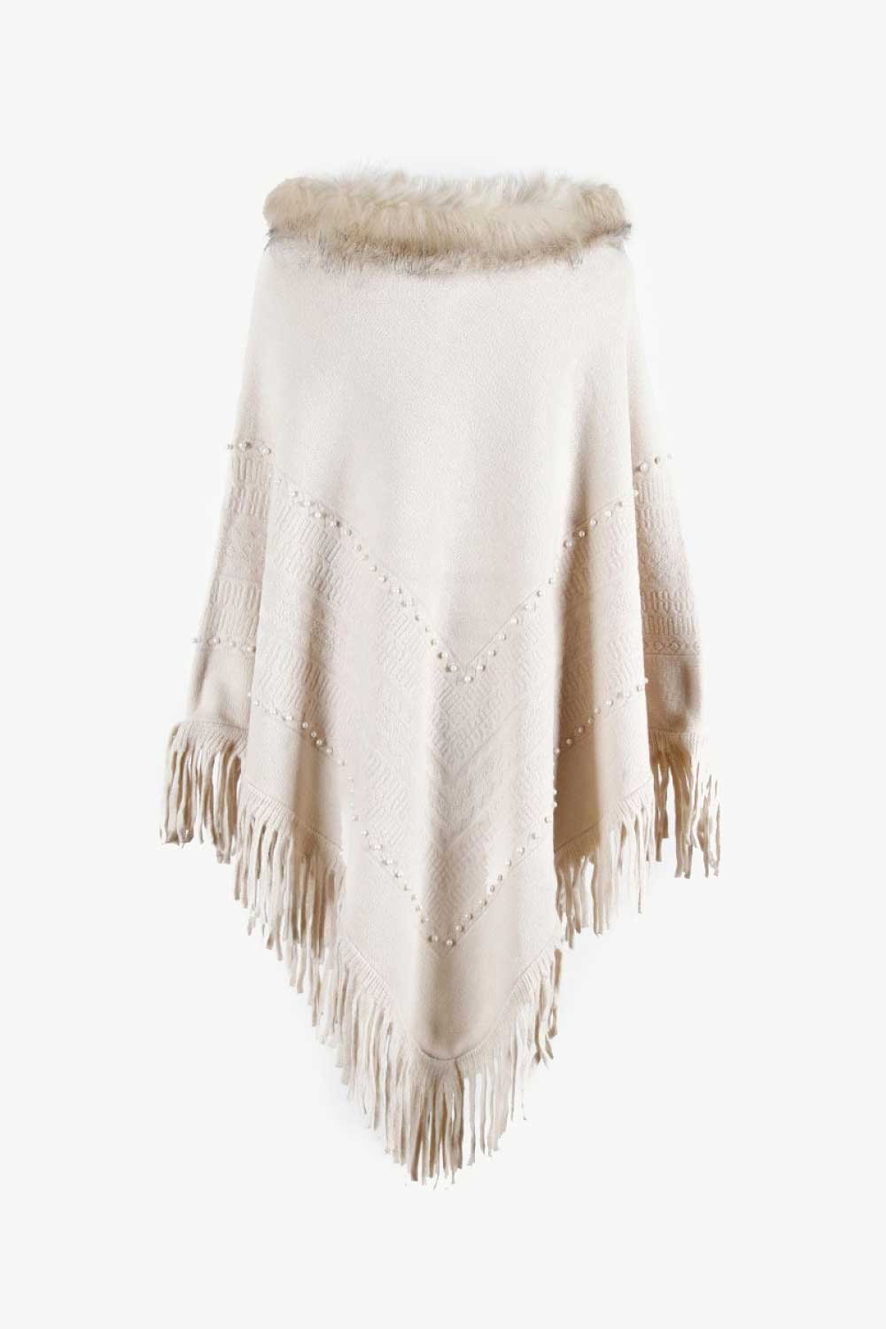 Faux Fur Trim Bead Fringe Hem Poncho