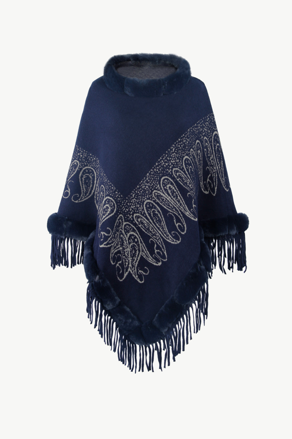 Paisley Faux Fur Trim Fringe Hem Poncho