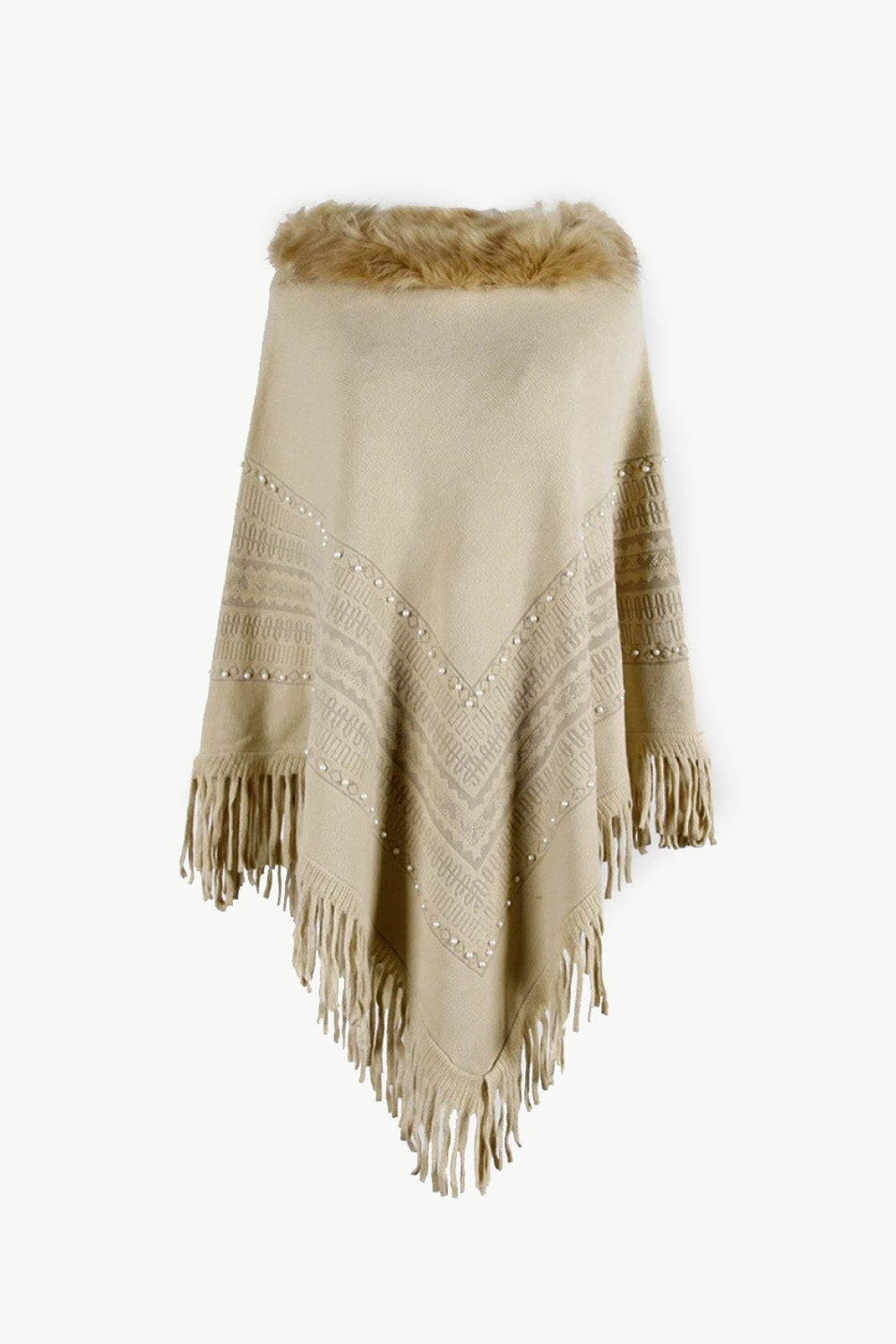 Faux Fur Trim Bead Fringe Hem Poncho
