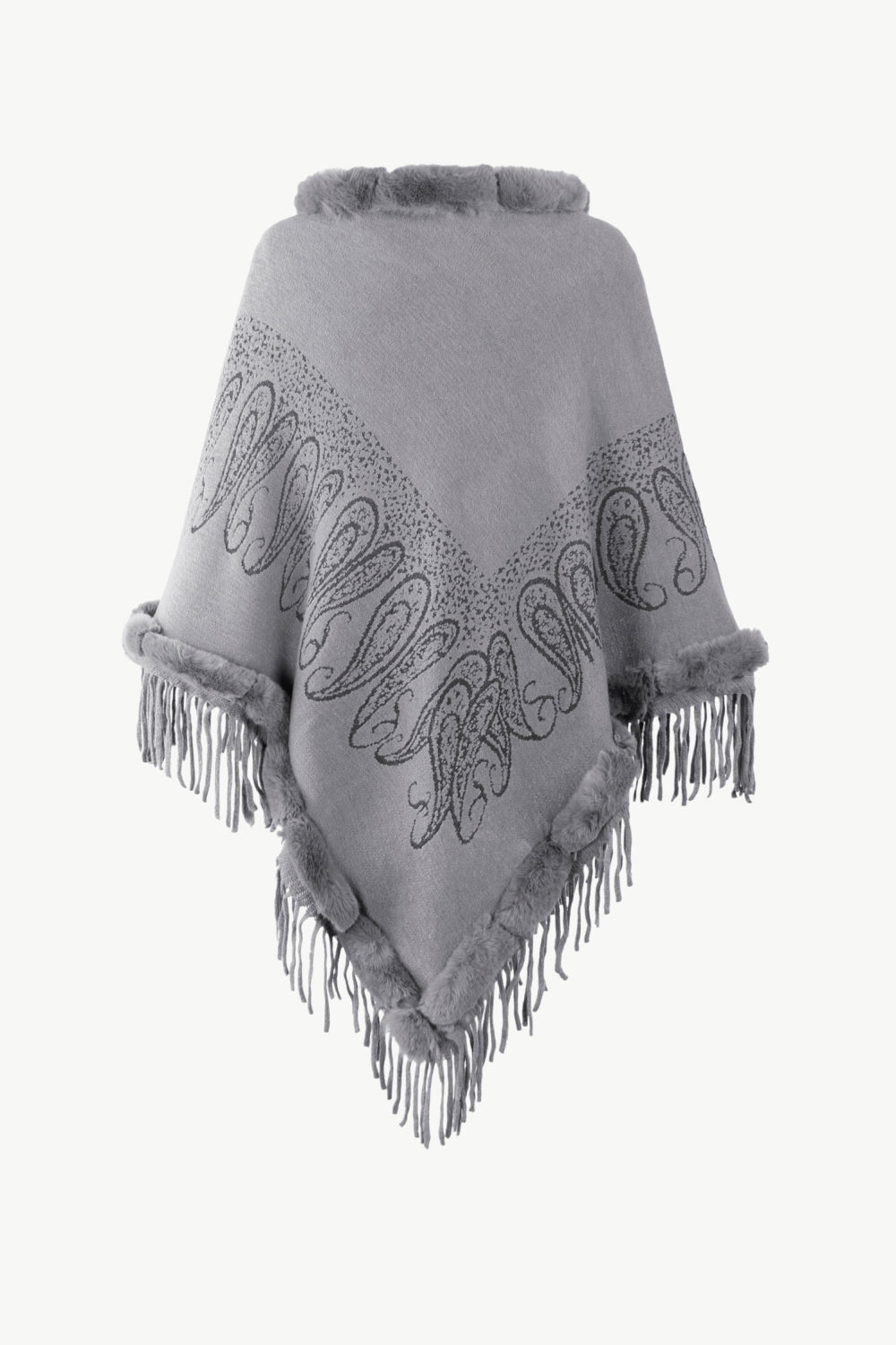 Paisley Faux Fur Trim Fringe Hem Poncho