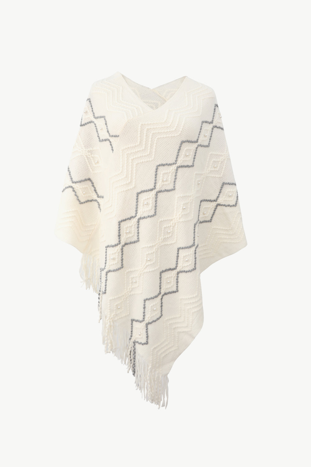 Pearl Trim V-Neck Fringe Hem Poncho