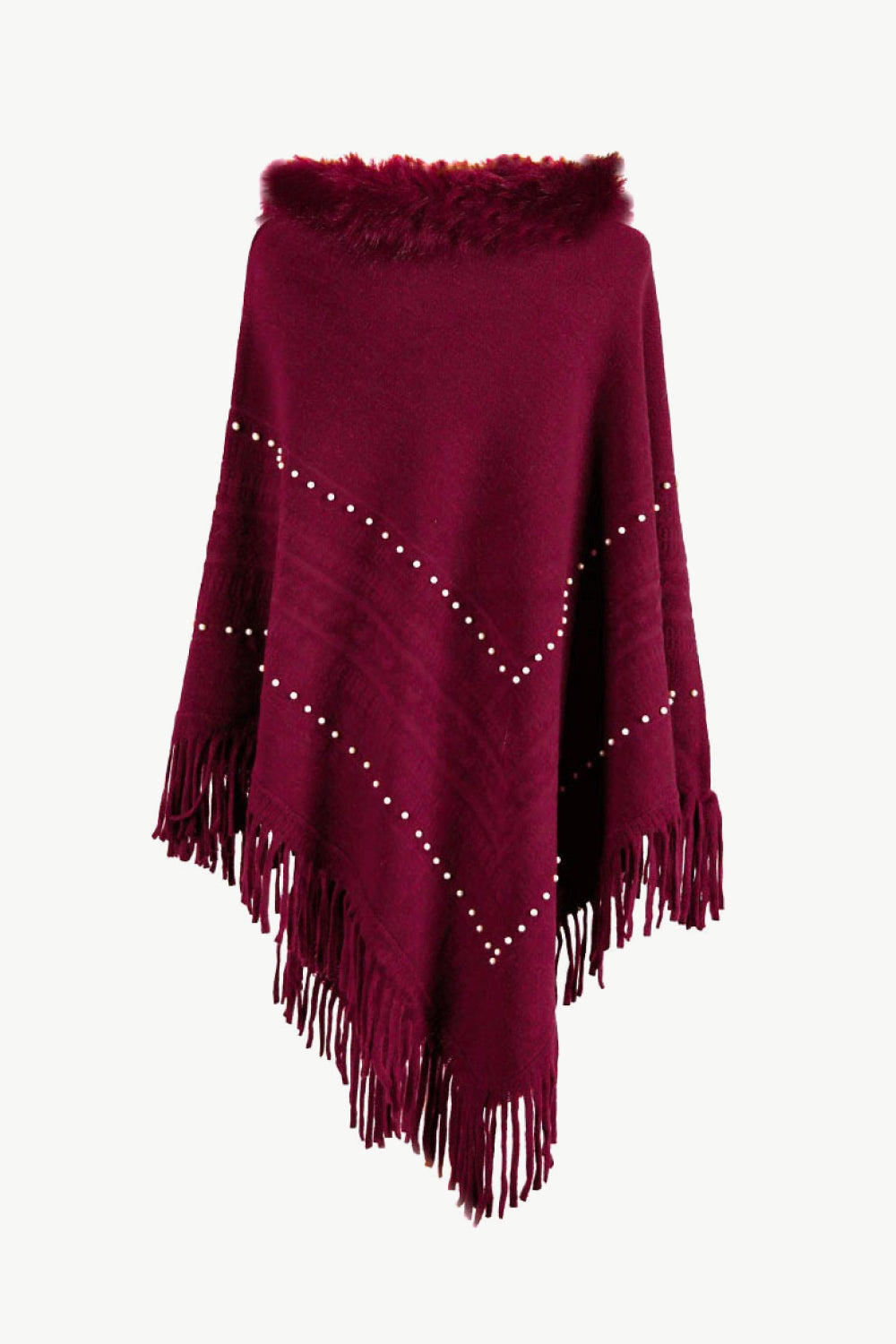 Faux Fur Trim Bead Fringe Hem Poncho