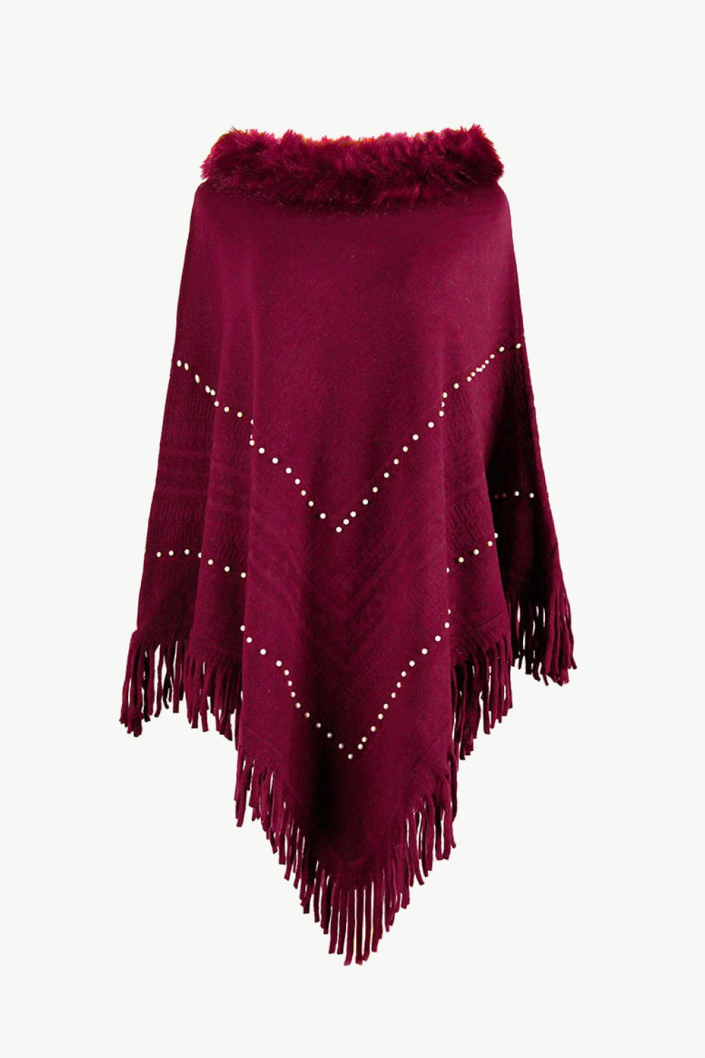 Faux Fur Trim Bead Fringe Hem Poncho