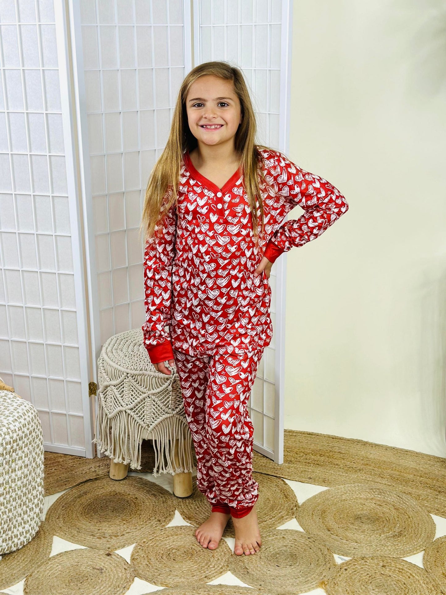 Matching Valentines Pajamas in Red Heart