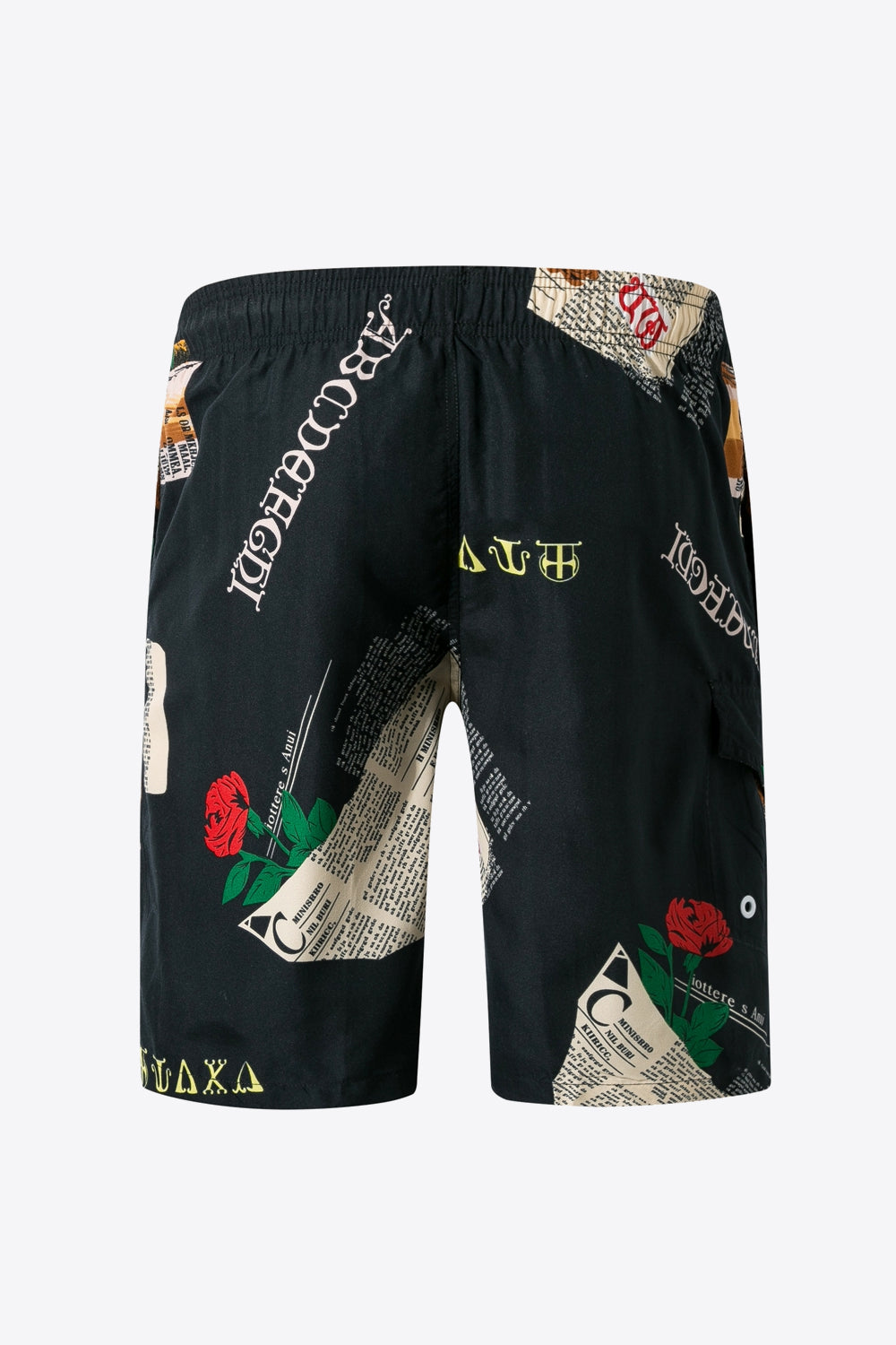 Full Size Newspaper Print Drawstring Waist Swim Trunks