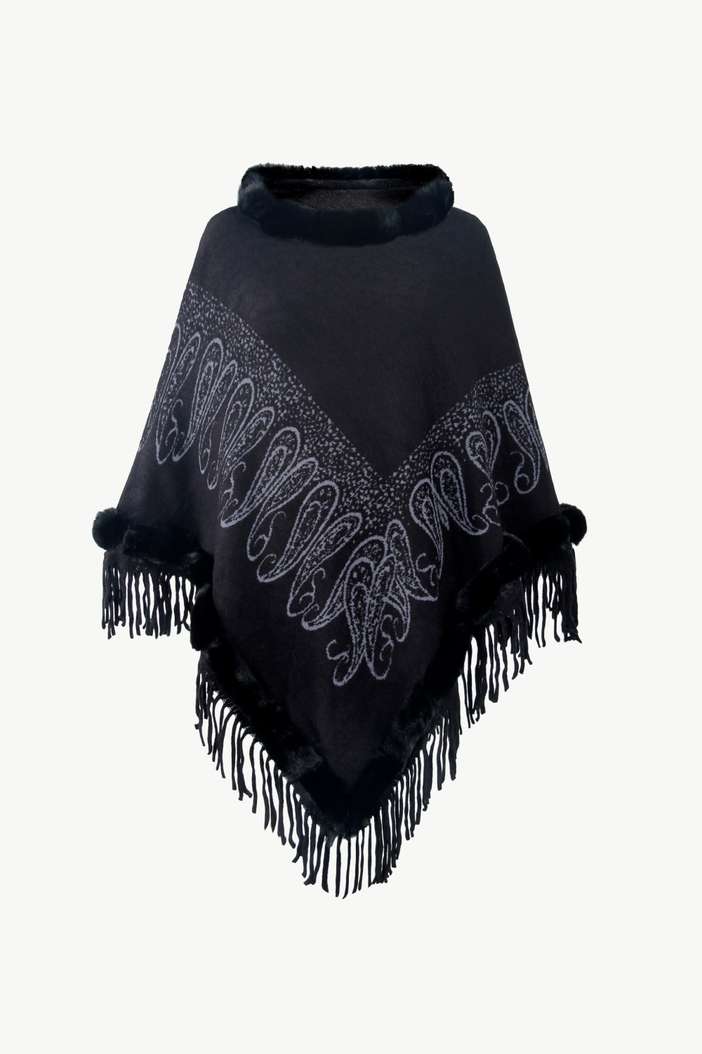 Paisley Faux Fur Trim Fringe Hem Poncho