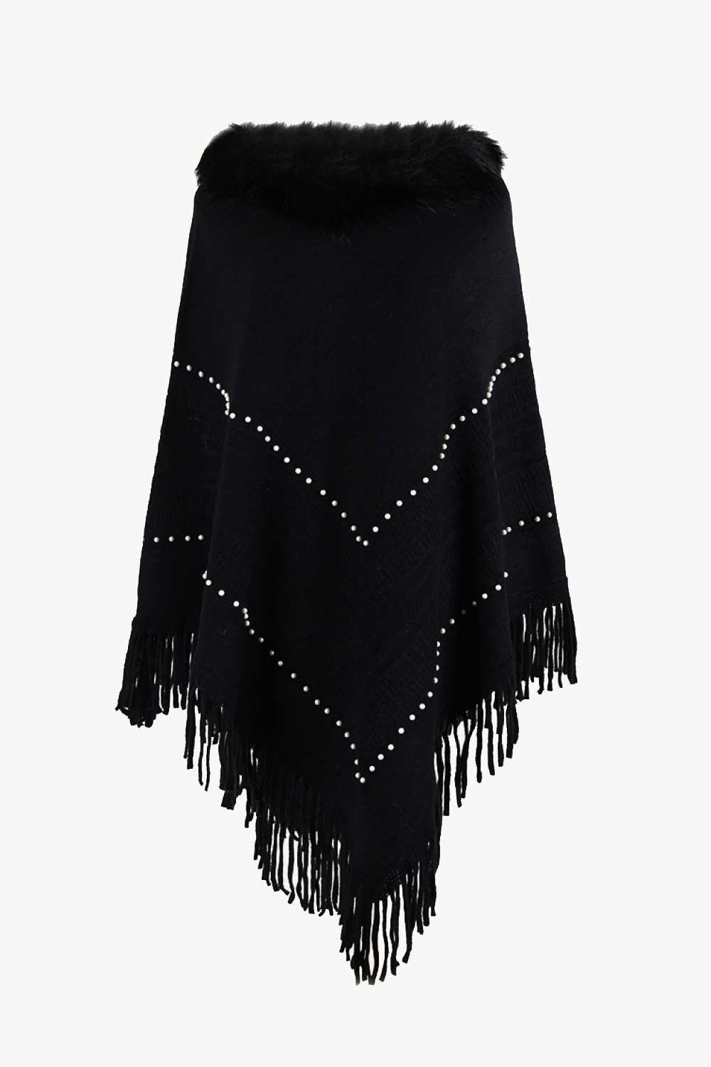 Faux Fur Trim Bead Fringe Hem Poncho