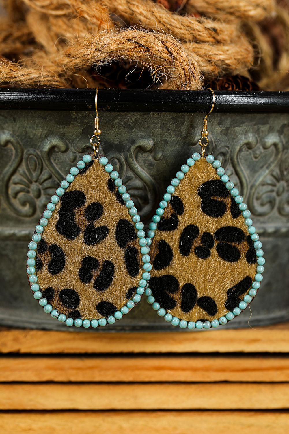 Contrast Leopard Turquoise Teardrop Earrings