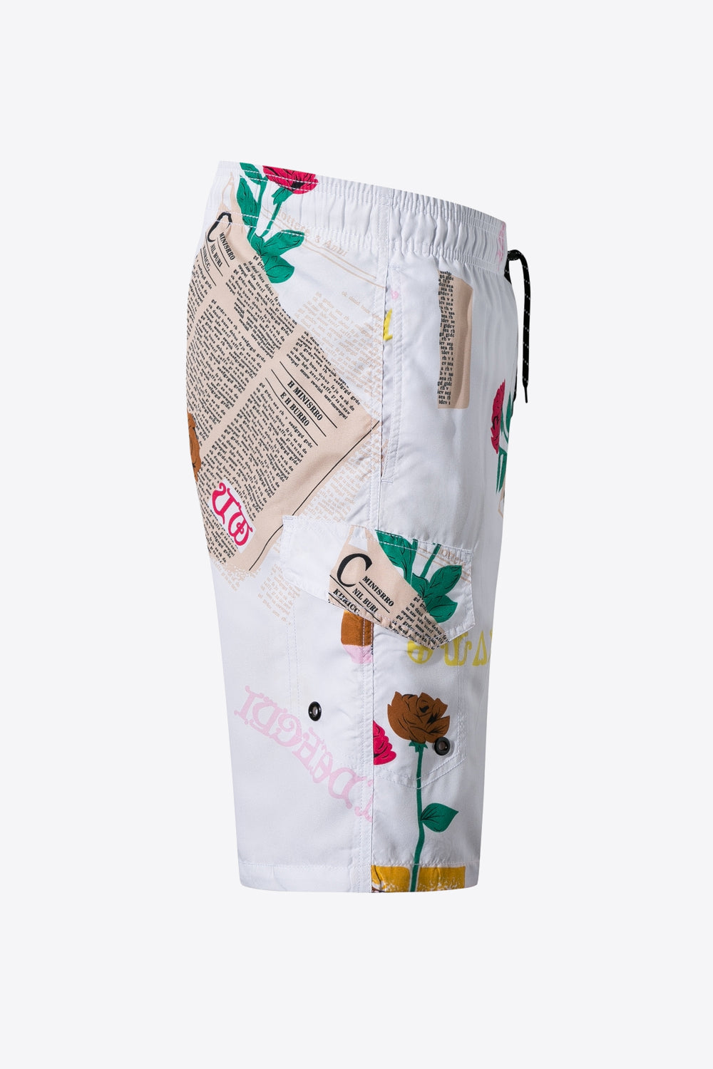 Full Size Newspaper Print Drawstring Waist Swim Trunks
