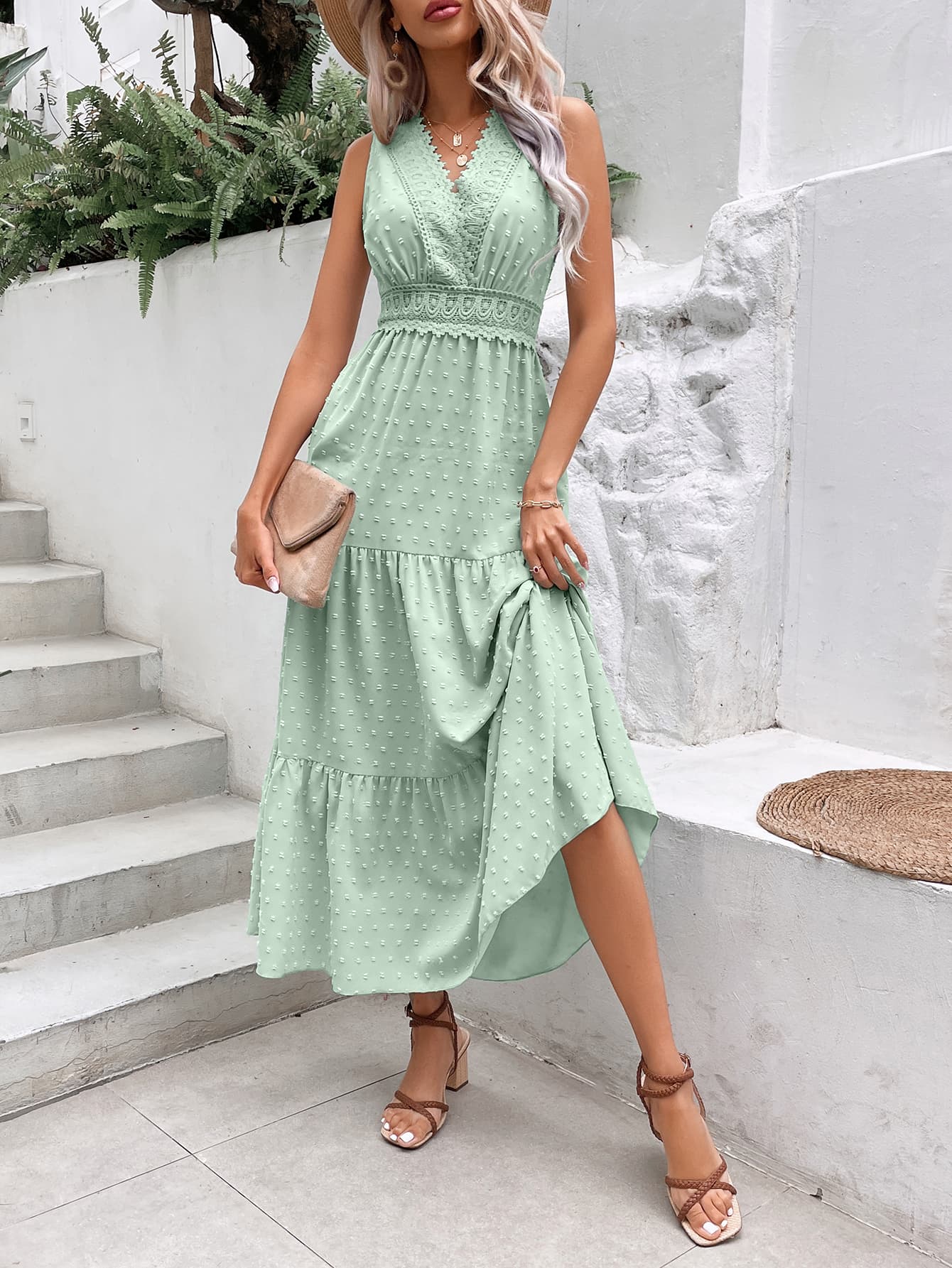 Swiss Dot Tie Back Tiered Sleeveless Dress
