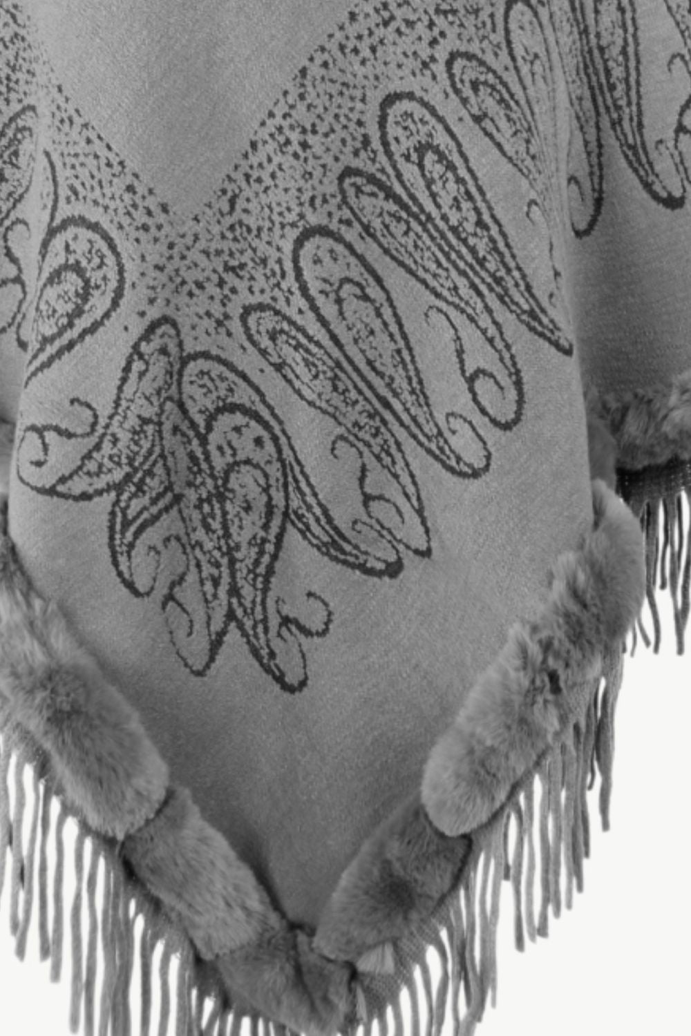 Paisley Faux Fur Trim Fringe Hem Poncho