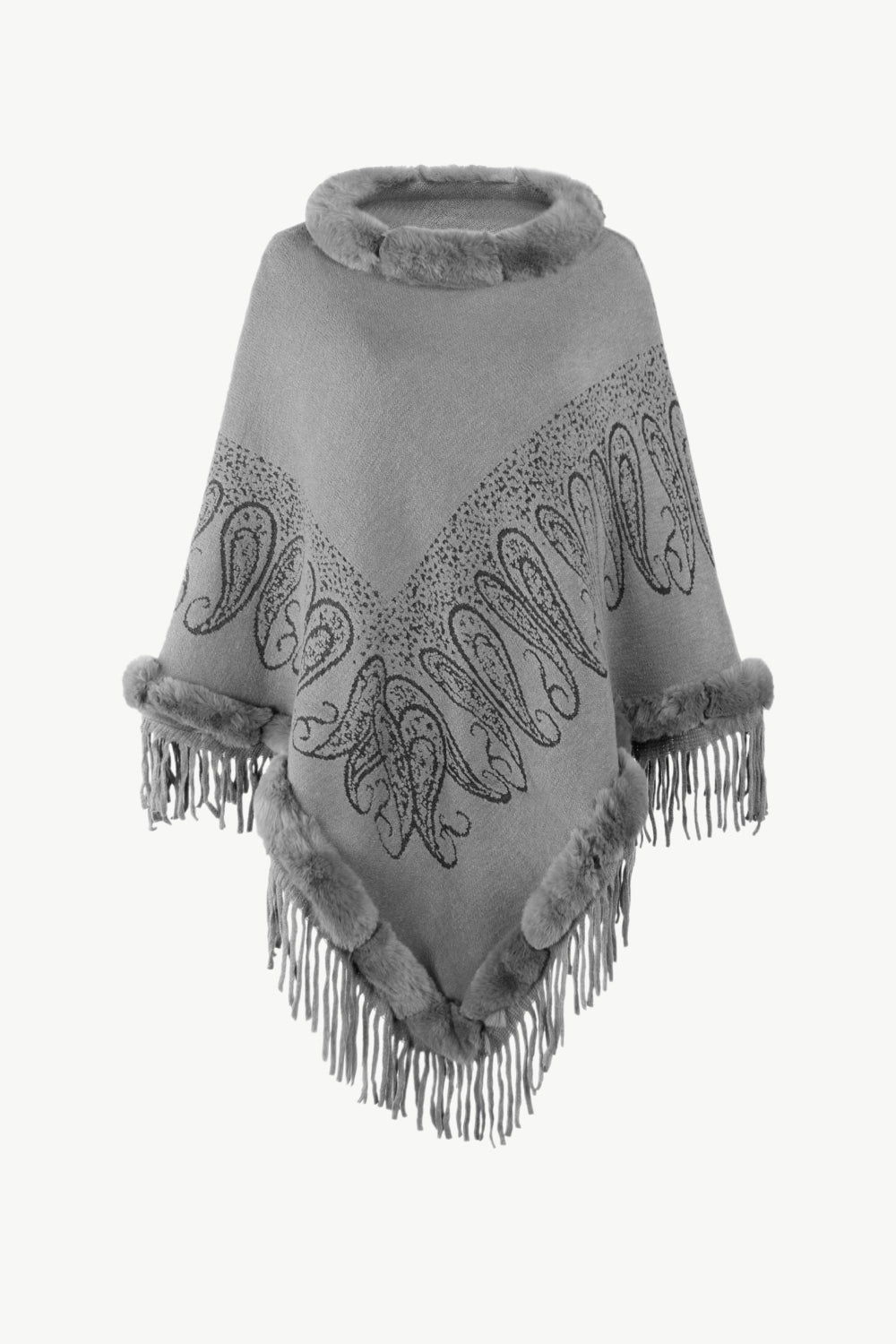 Paisley Faux Fur Trim Fringe Hem Poncho