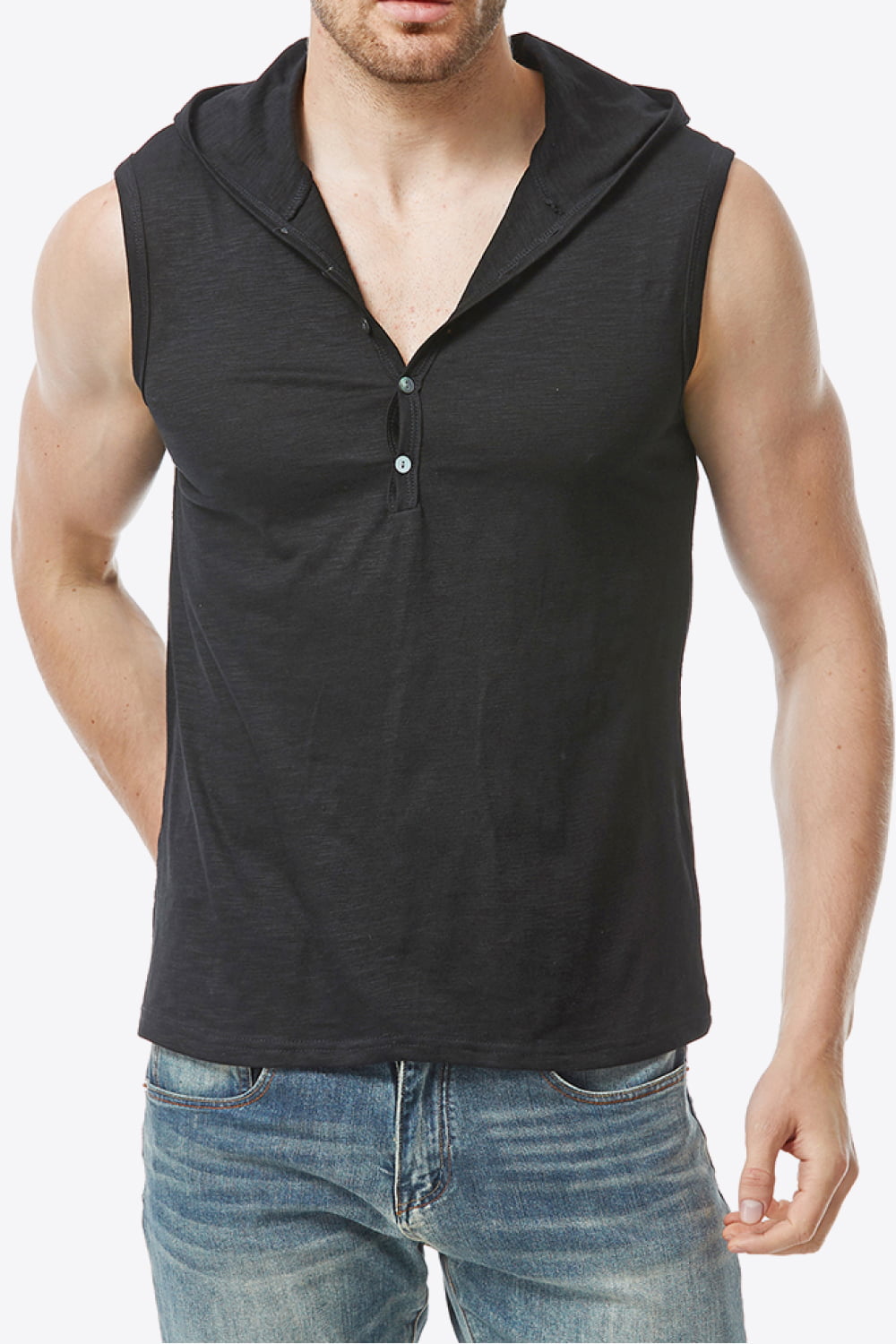 Quarter-Button Sleeveless Hoodie