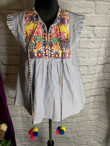 Blue/White/Multi BOHO Embroidered blouse