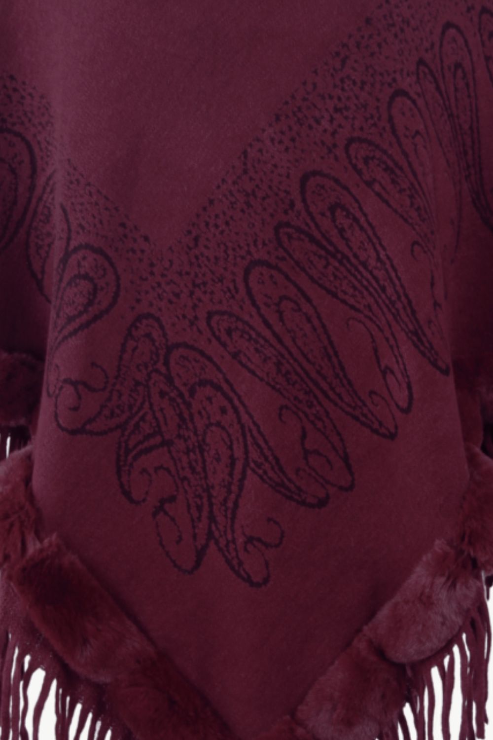 Paisley Faux Fur Trim Fringe Hem Poncho