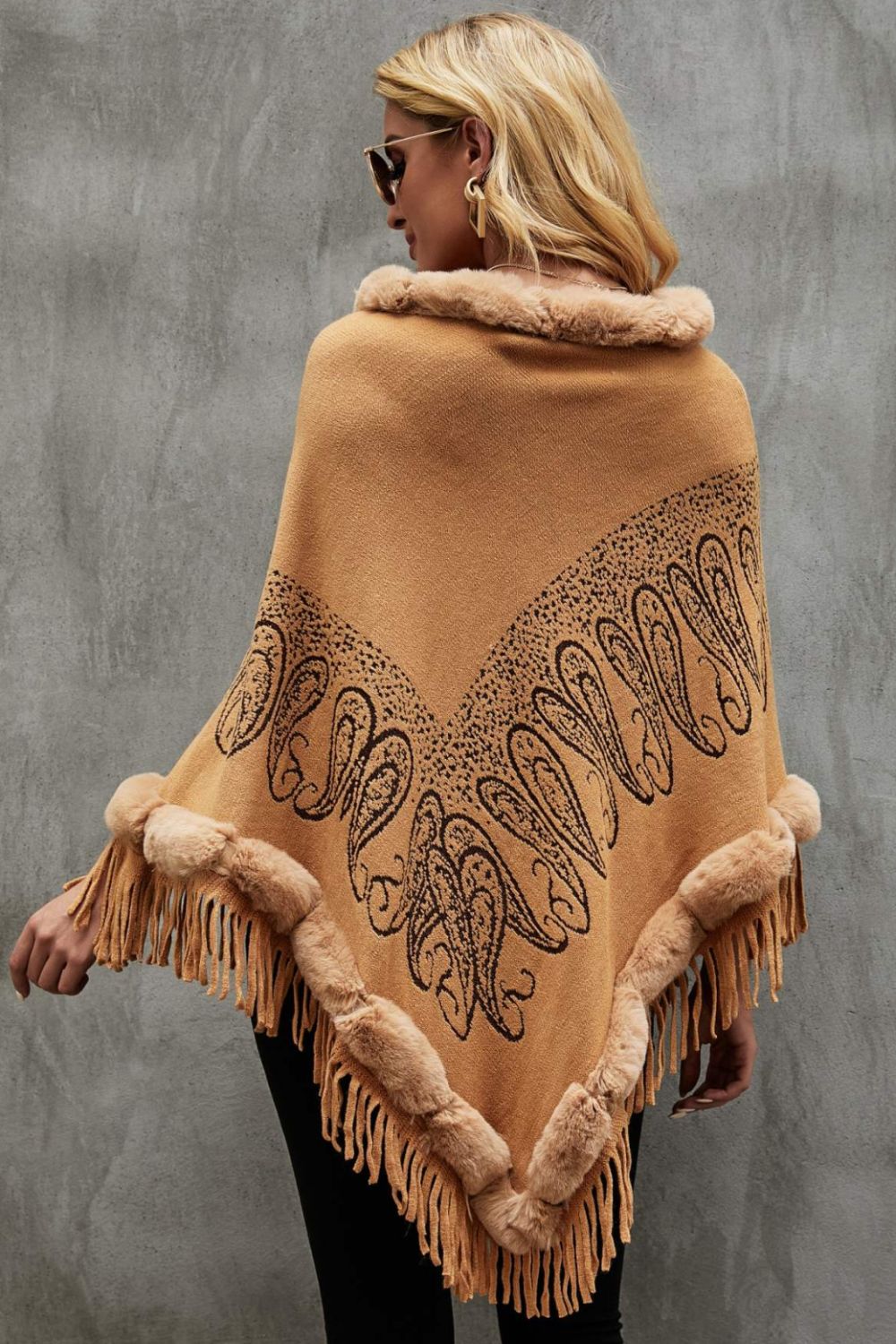 Paisley Faux Fur Trim Fringe Hem Poncho