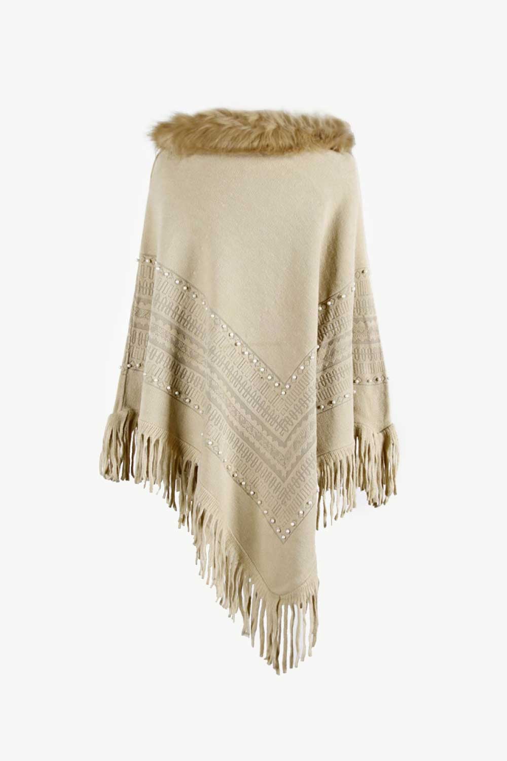 Faux Fur Trim Bead Fringe Hem Poncho