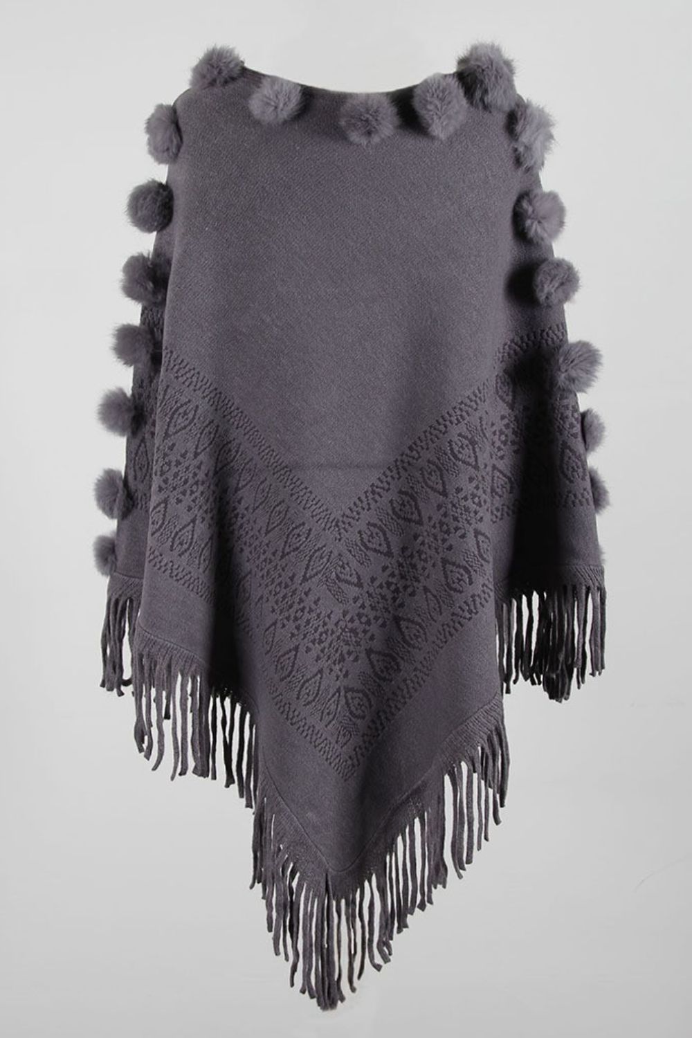 Pompom Trim Boat Neck Fringe Hem Poncho