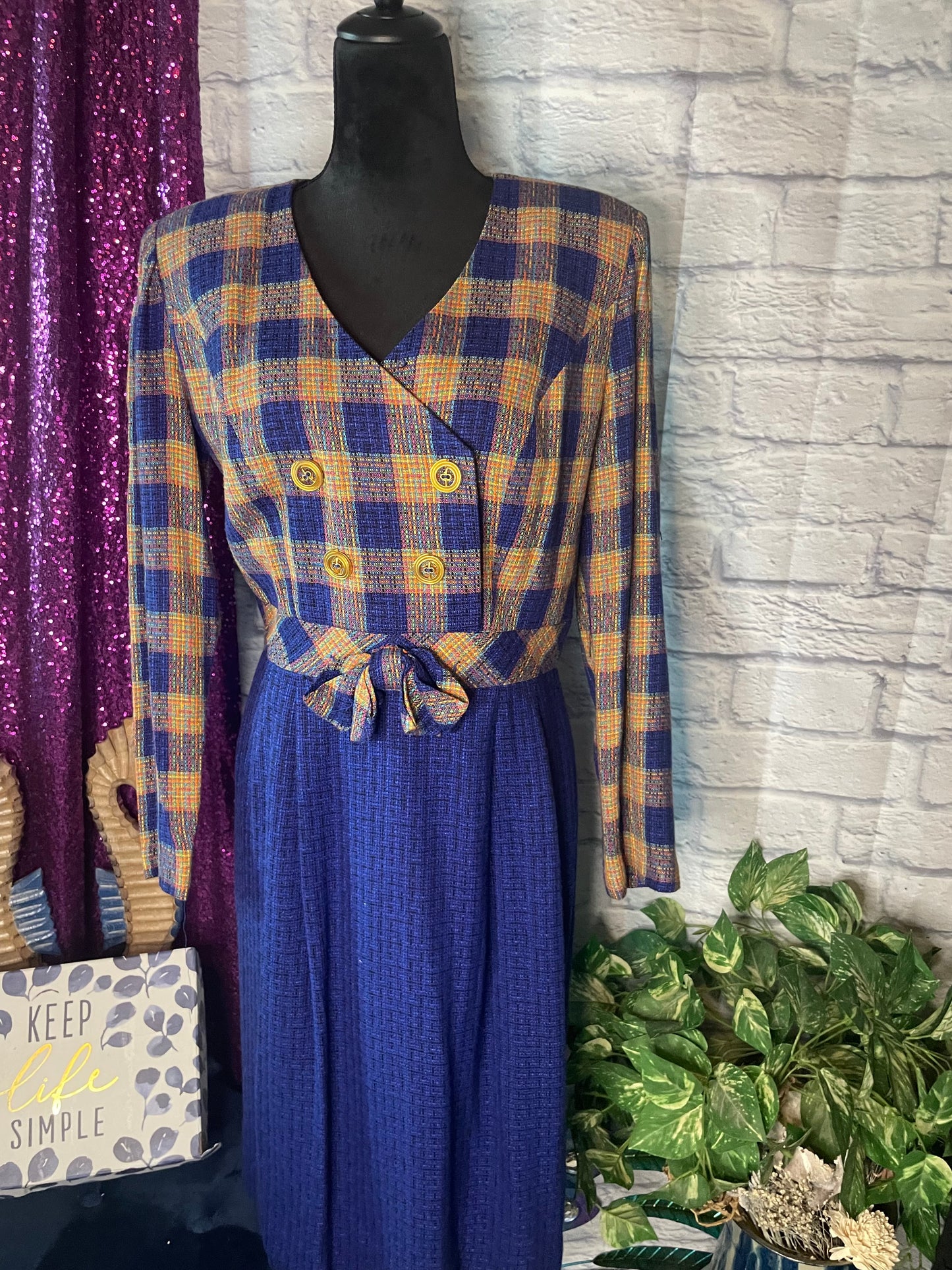 Vintage 1970s David Warren Blue/Gold Tweed Dress