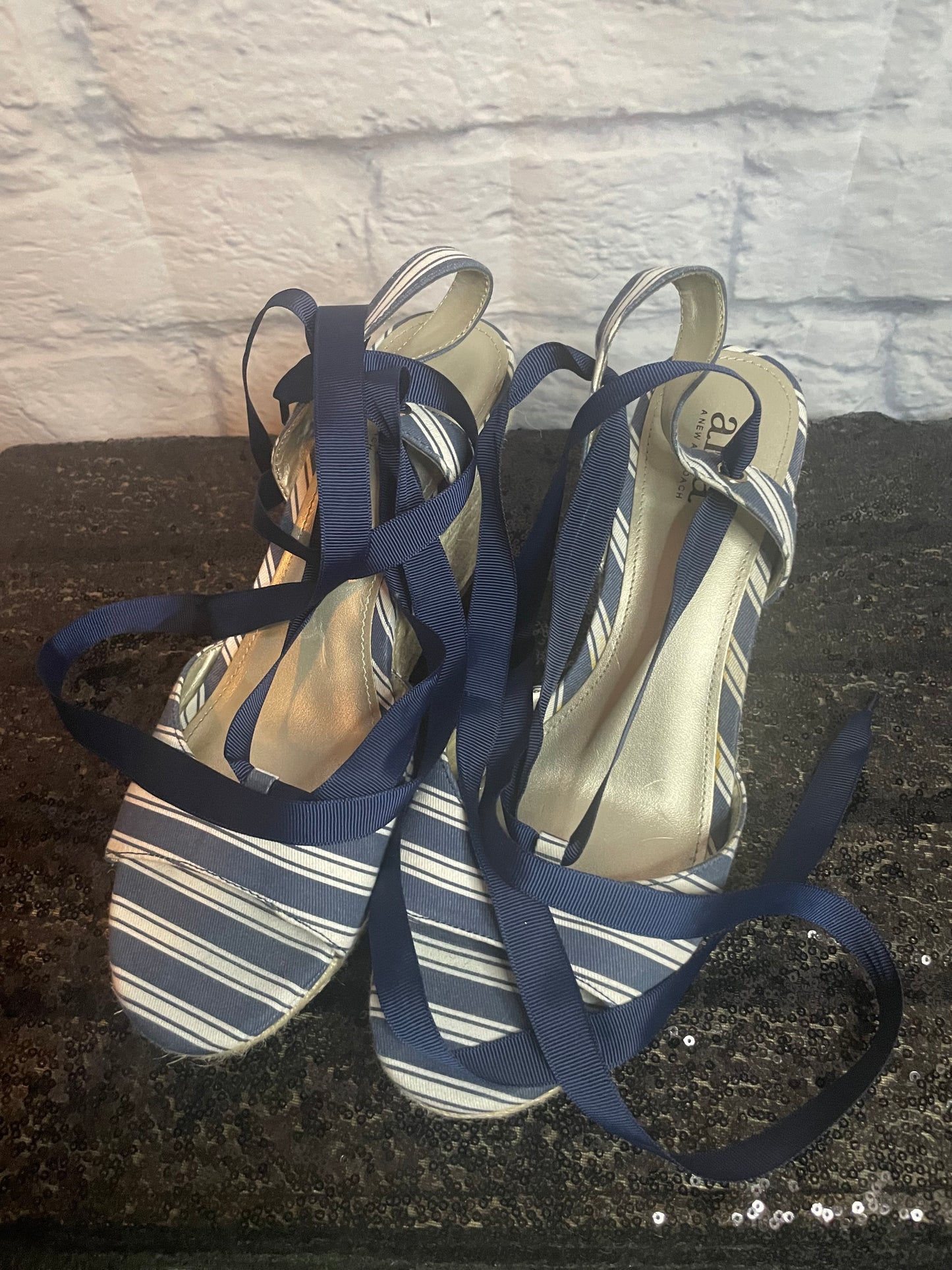 ANA Blue/White Striped Lace Up Wedge Sandals