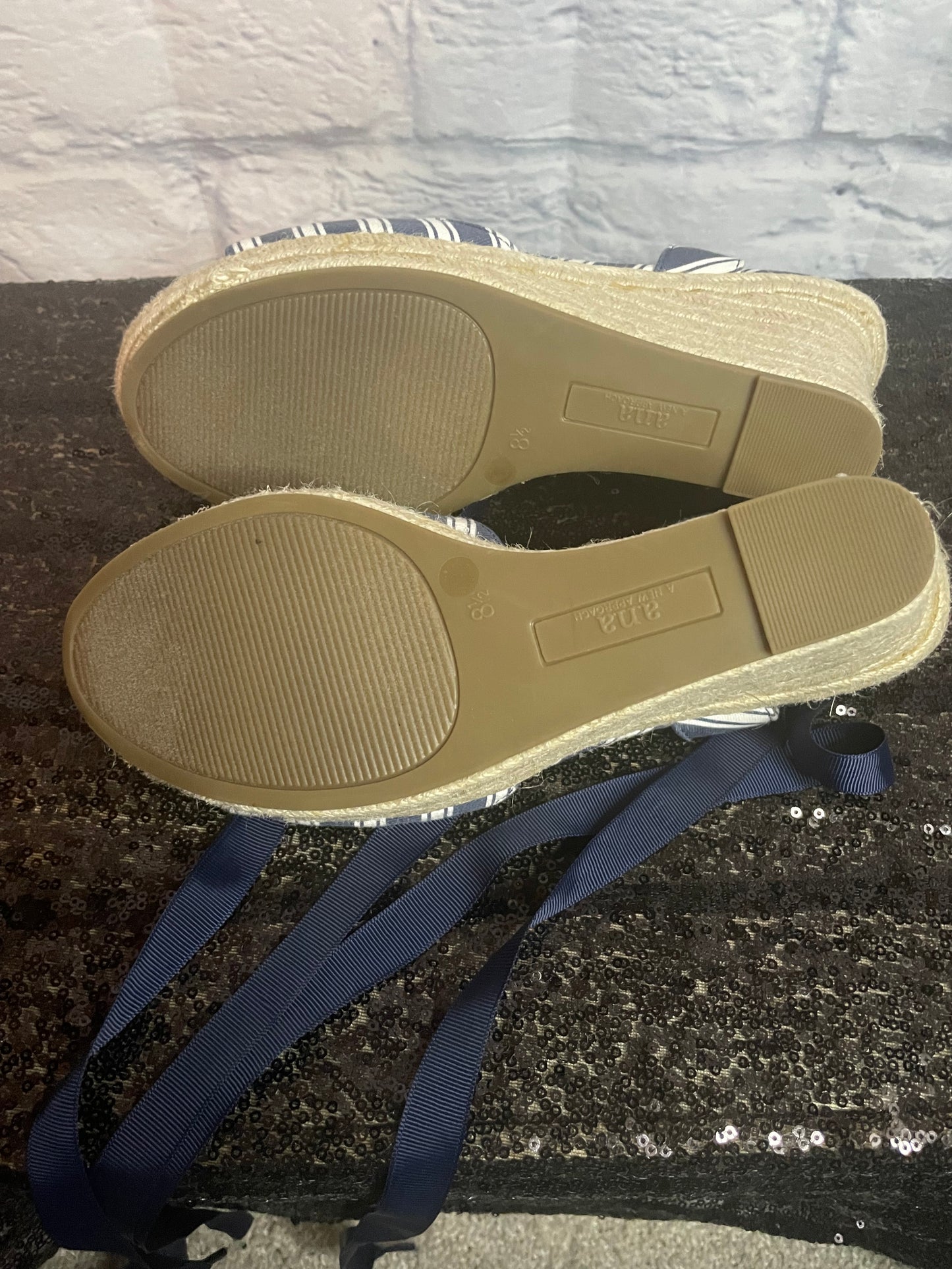 ANA Blue/White Striped Lace Up Wedge Sandals