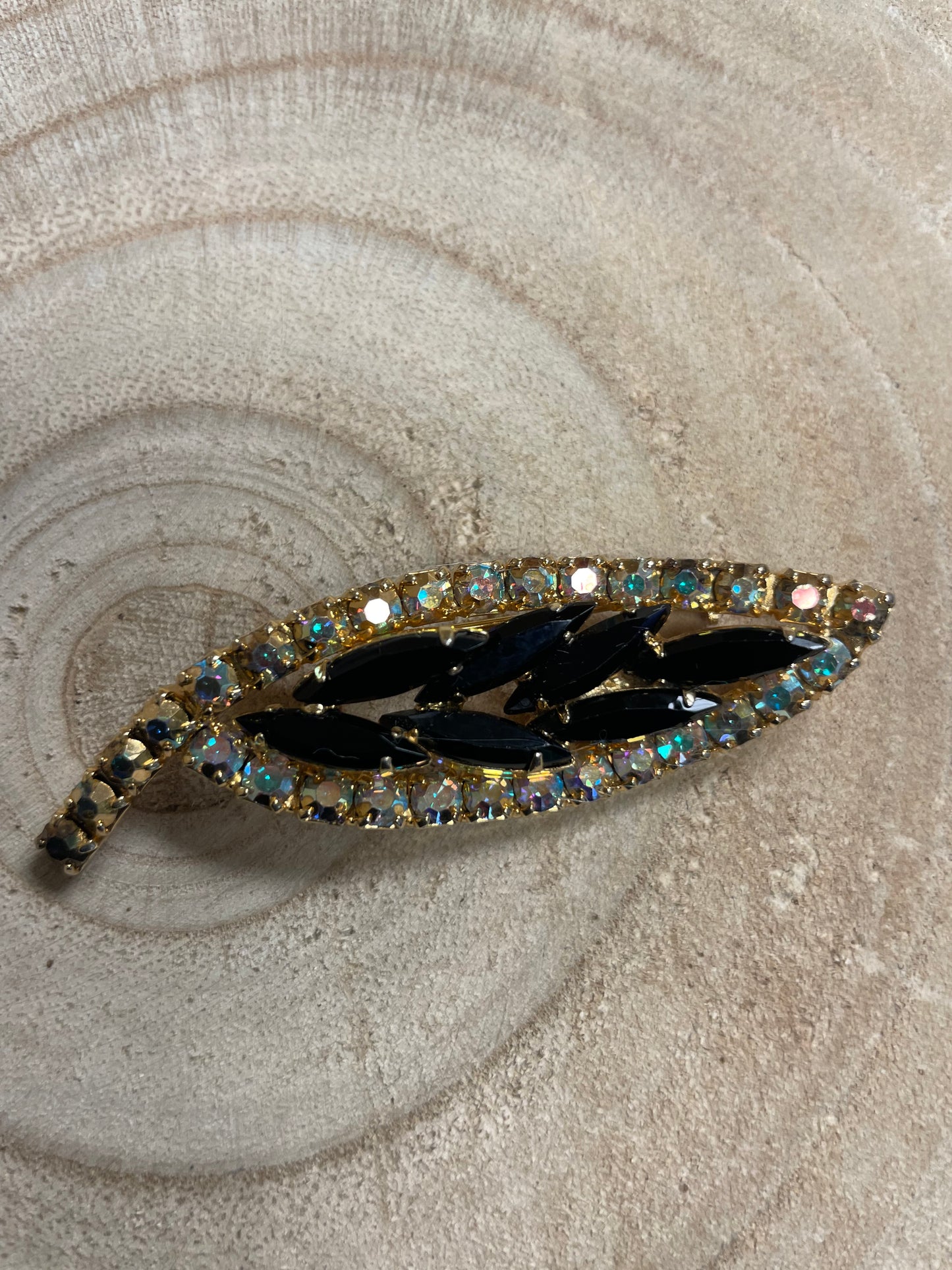 Black Leaf with Rhinestones Brooch