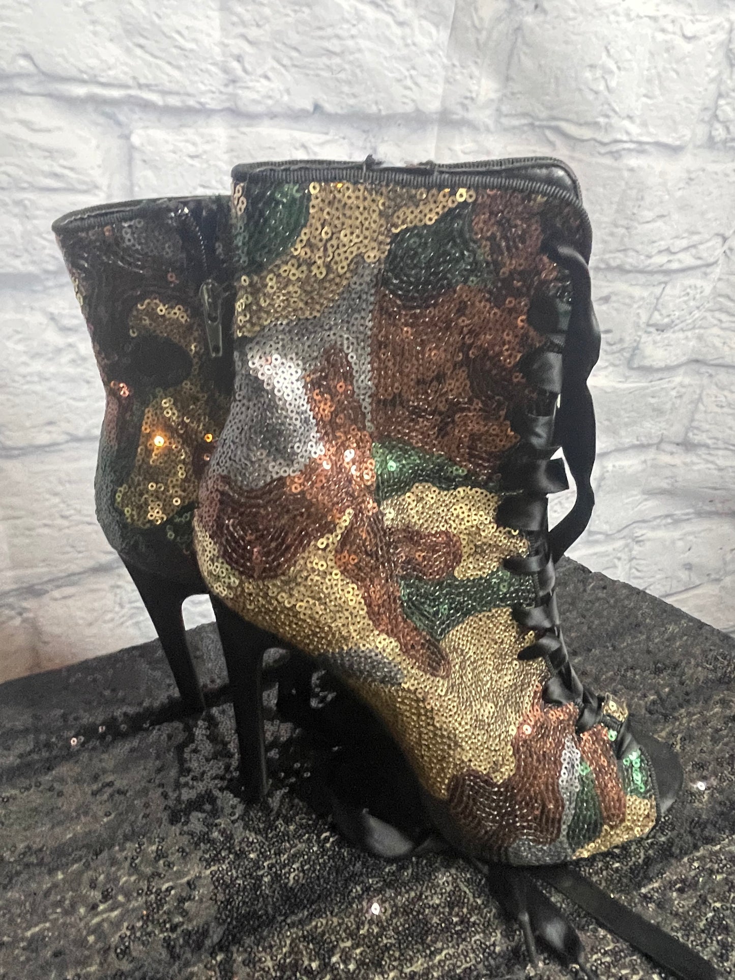 Sequin Camouflage Booties with Ribbon Lace Up
