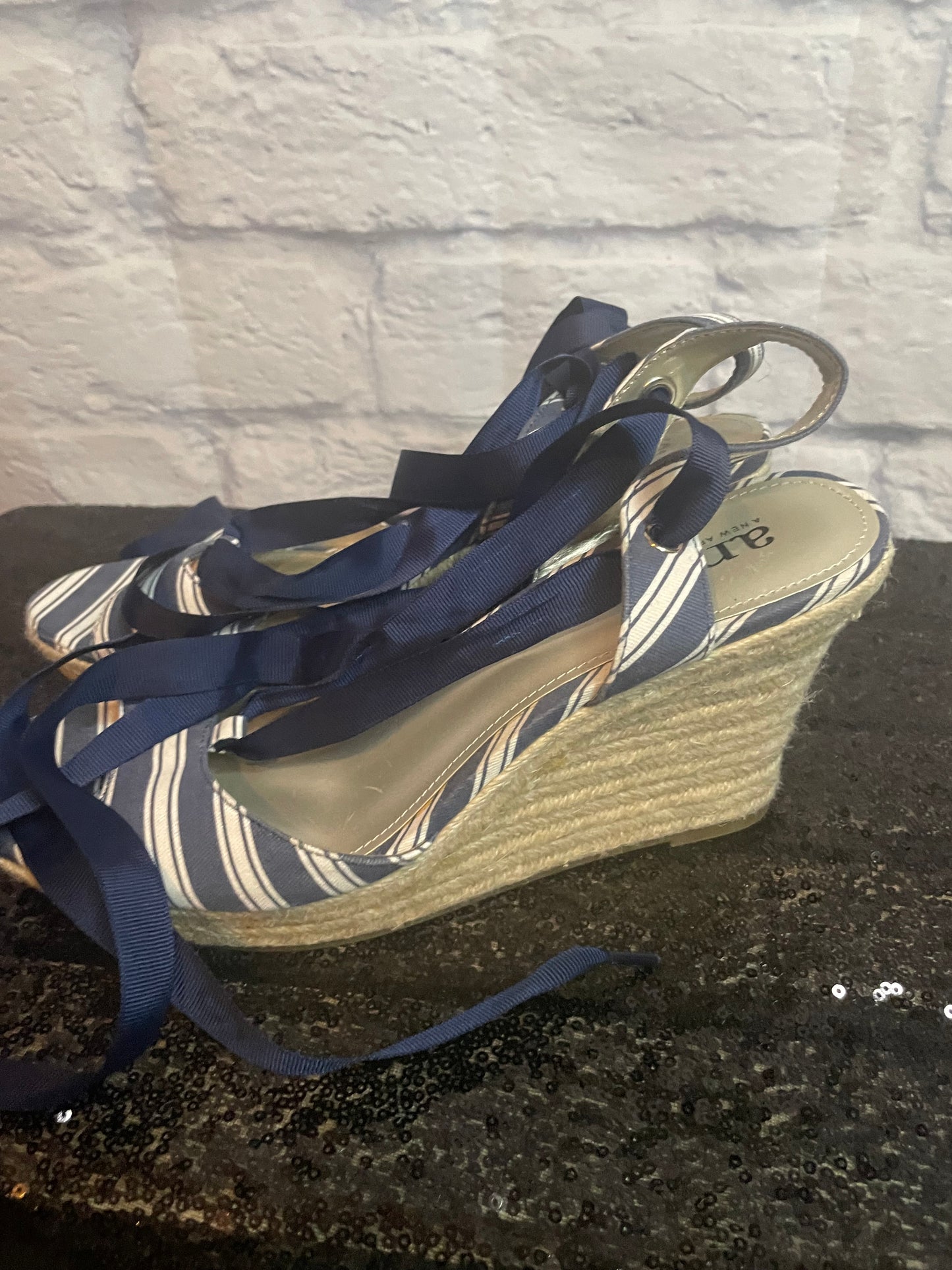 ANA Blue/White Striped Lace Up Wedge Sandals