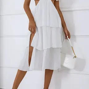 Spaghetti Waist Cut-out Ruffle Split Dress