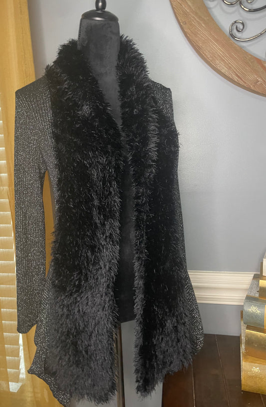 Once Again Grey/black metallic faux fur cardigan