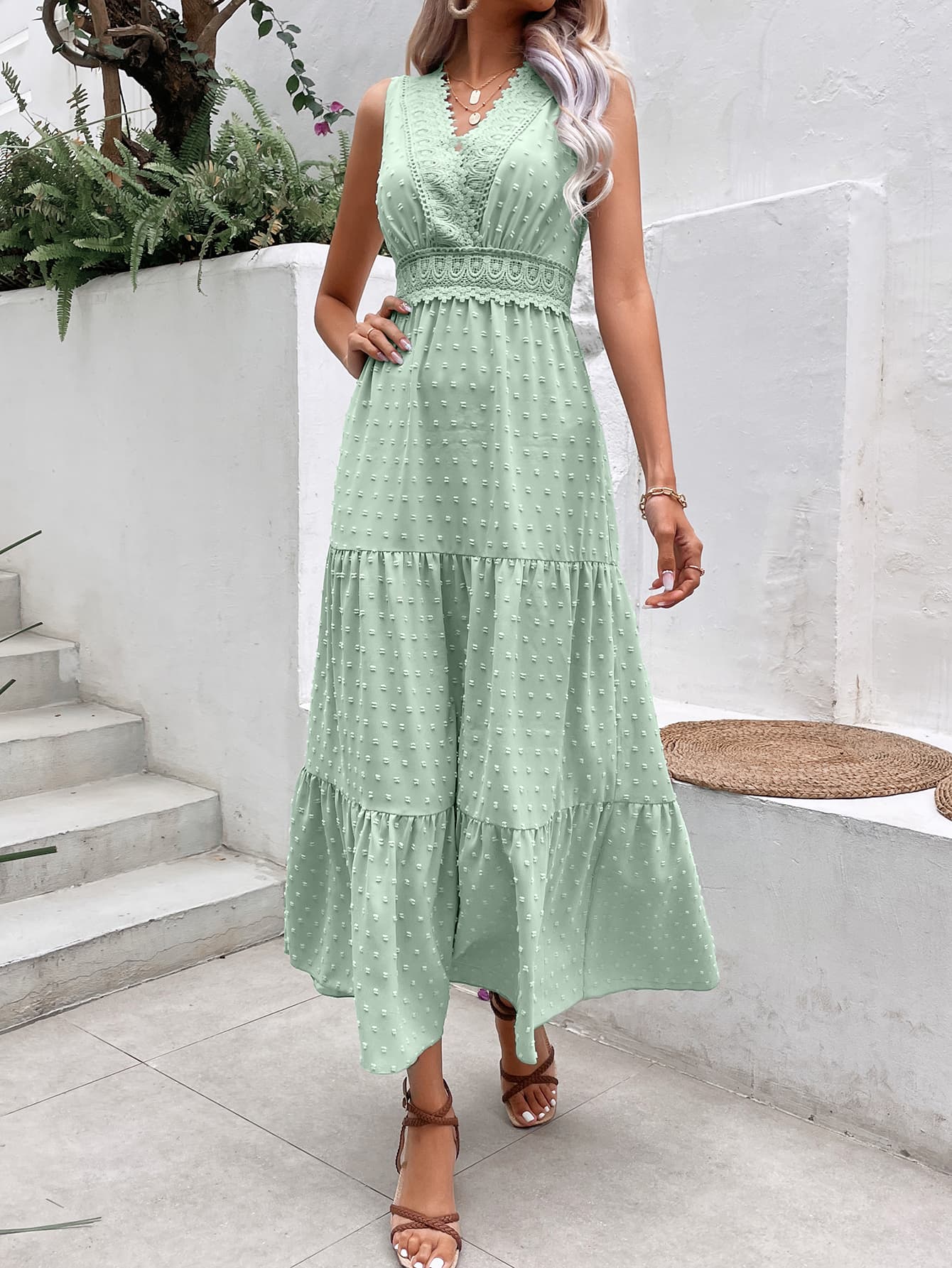 Swiss Dot Tie Back Tiered Sleeveless Dress