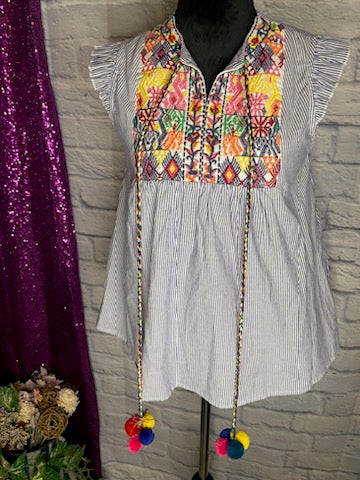 Blue/White/Multi BOHO Embroidered blouse