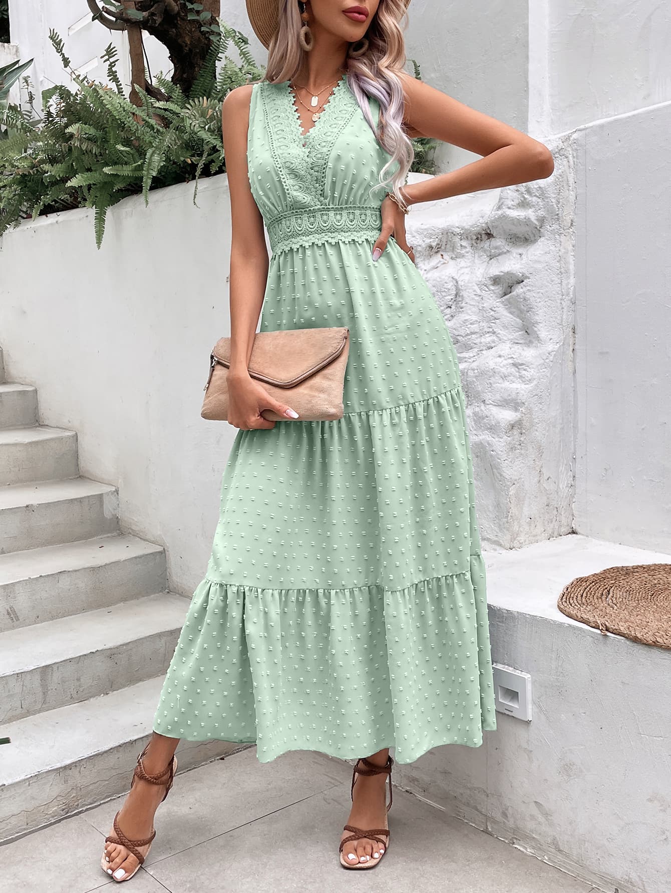 Swiss Dot Tie Back Tiered Sleeveless Dress