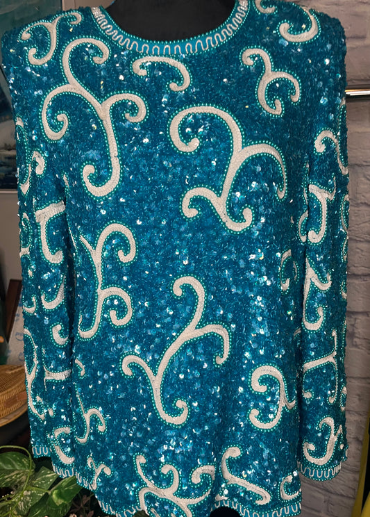 Vintage Scarlet Rage Tropical Blue Sequin Blouse