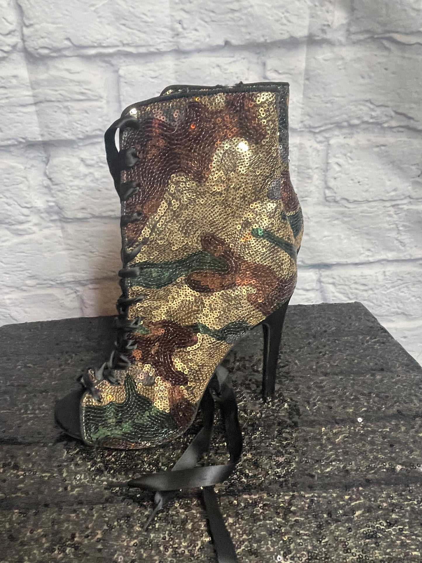 Sequin Camouflage Booties with Ribbon Lace Up
