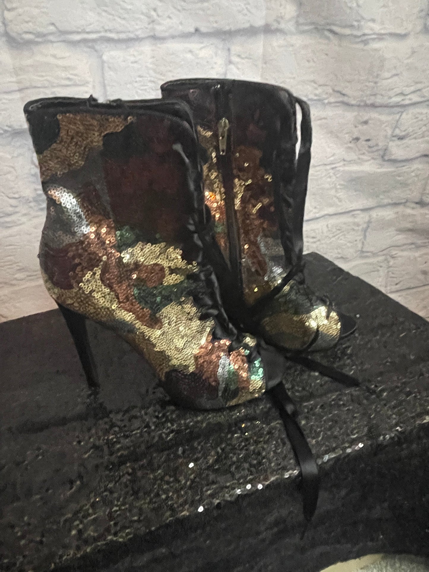 Sequin Camouflage Booties with Ribbon Lace Up