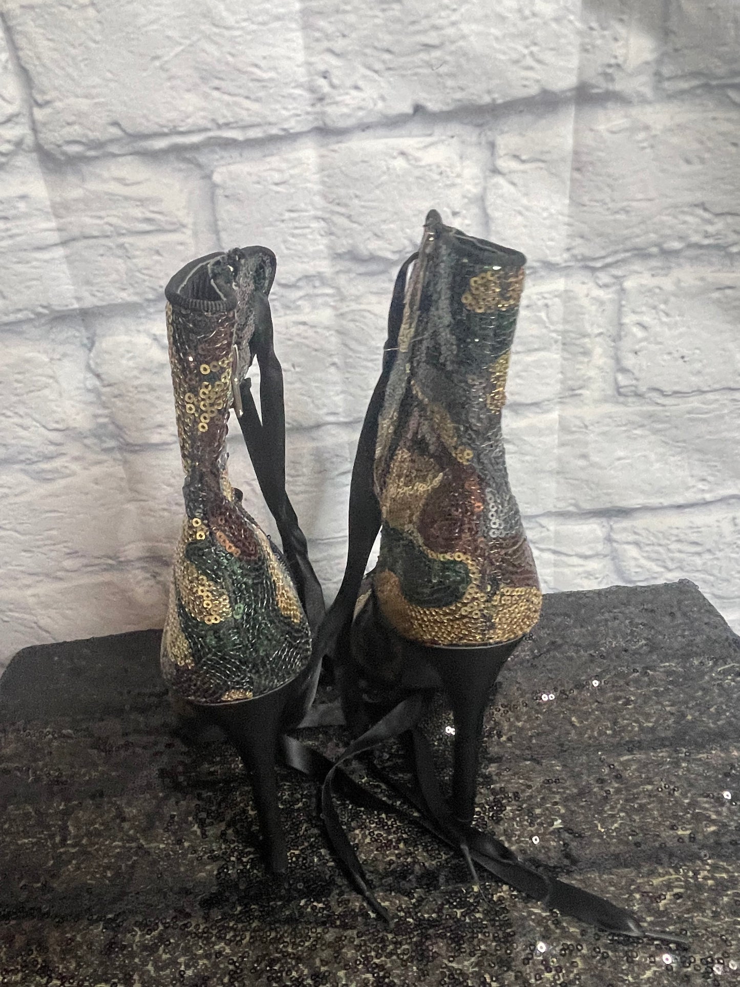 Sequin Camouflage Booties with Ribbon Lace Up
