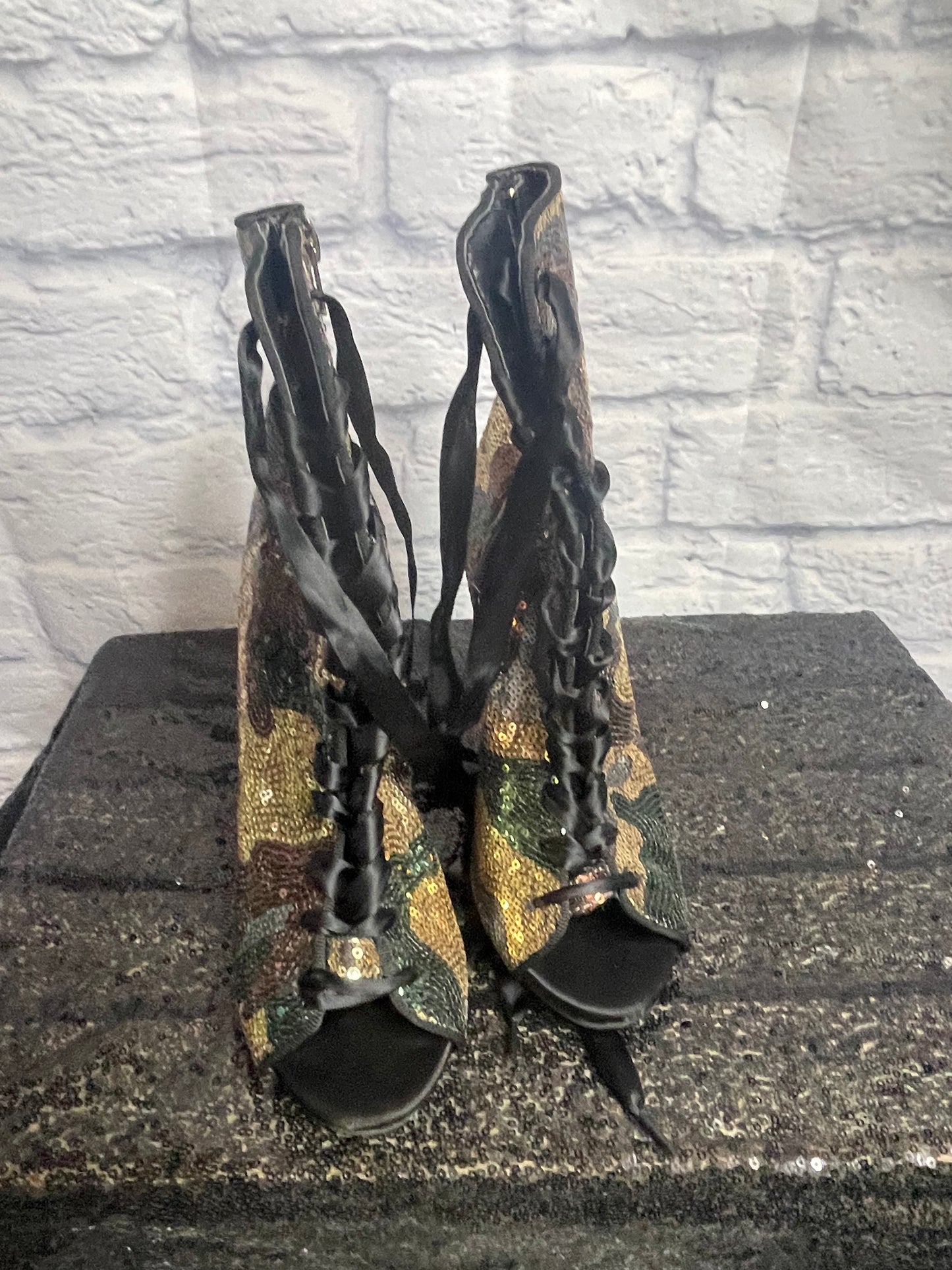Sequin Camouflage Booties with Ribbon Lace Up